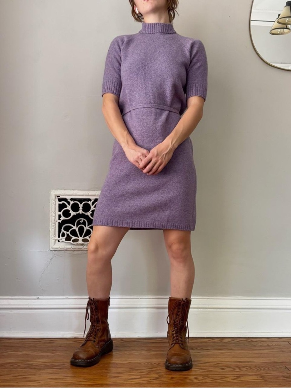 Vintage 70s mod purple knit turtleneck midi dress with belt short sleeves